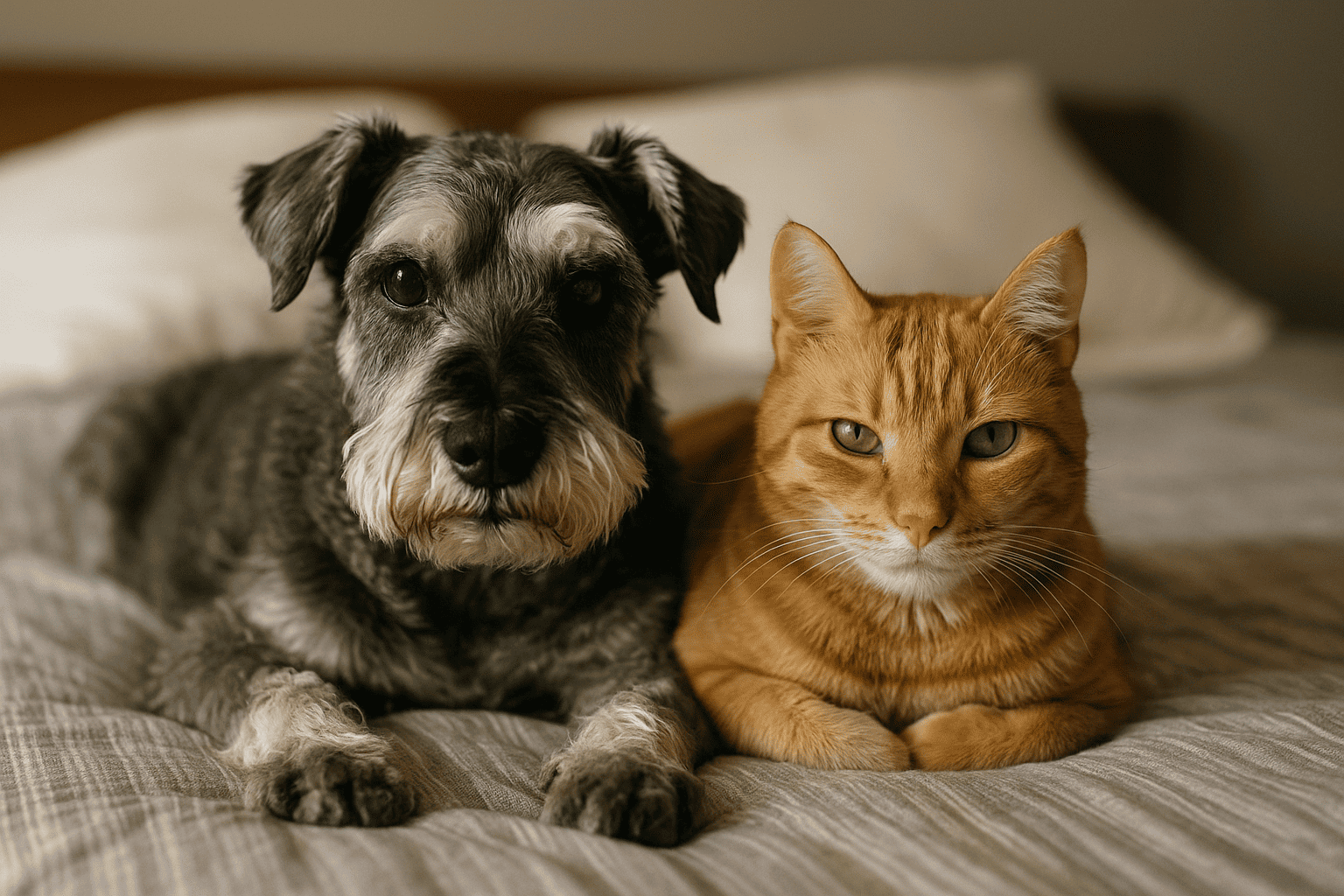 Perro Schnauzer y gato anaranjado descansando juntos en una cama, reflejando una convivencia armoniosa y afectuosa.